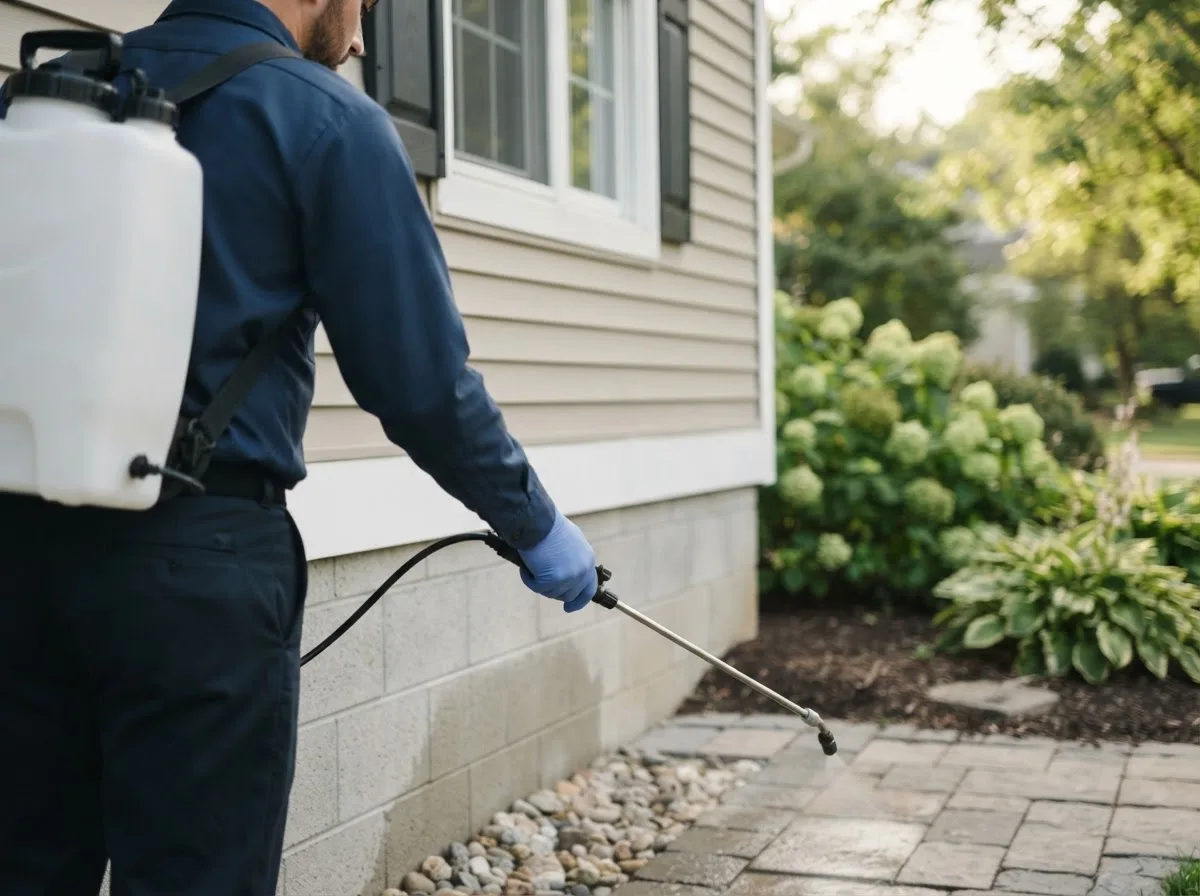 Pest control technician inspecting a home in Page, NE